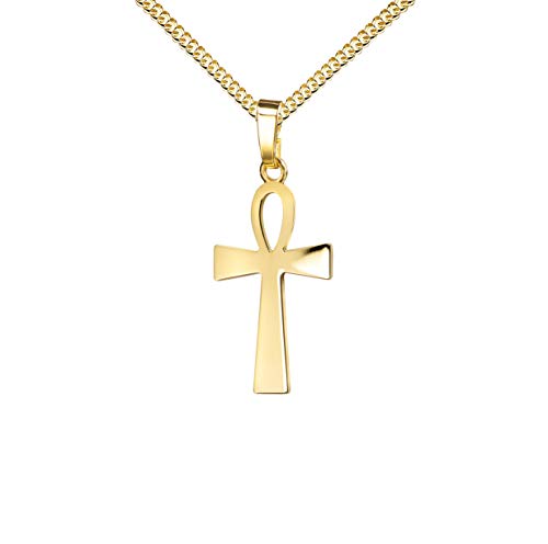 JEVELION Goldkreuz Kreuz-Anhänger Henkelkreuz Ägyptisches Kreuz in Hochglanz poliert für Damen, Herren und Kinder als Kettenanhänger 585 Gold 14 Karat mit Panzer-Kette vergoldet + Schmuck-Etui von JEVELION