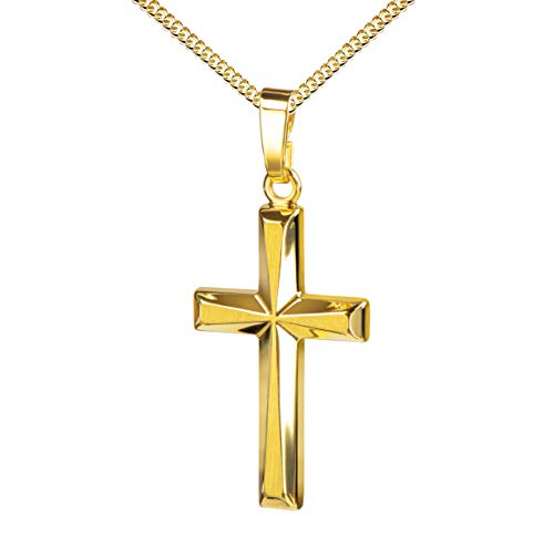 JEVELION Goldkreuz Kreuz-Anhänger für Damen, Herren und Kinder in hochglanz poliert mit 3D-Effekt als Kettenanhänger 585 Gold 14 Karat mit Panzer-Kette + Schmuck-Etui von JEVELION