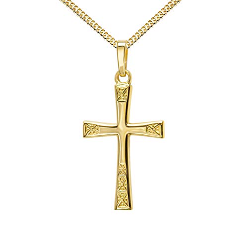 JEVELION Goldkreuz Kreuz-Anhänger mit Panzer-Kette vergoldet für Damen, Herren und Kinder in hochglanz poliert mit Ornamentverzierungen als Kettenanhänger 585 Gold 14 Karat + Schmuck-Etui von JEVELION