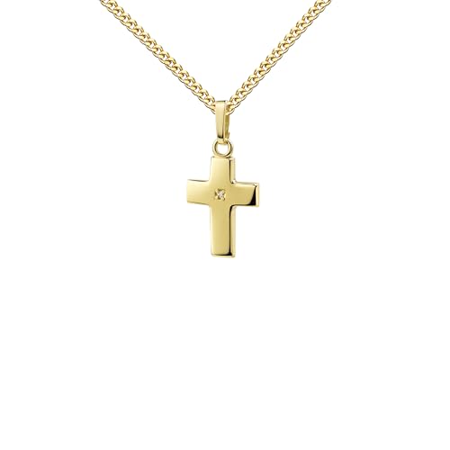 Goldkreuz Taufkreuz 333 Gold Zirkonia Kreuzanhänger 8K Gelbgold Kommunionskreuz hochglanz - kleiner Goldschmuck für Damen und Kinder. Mit hochwertiger Schmuck-Kette 925 Silber vergoldet - Länge 70 cm. von JEVELION
