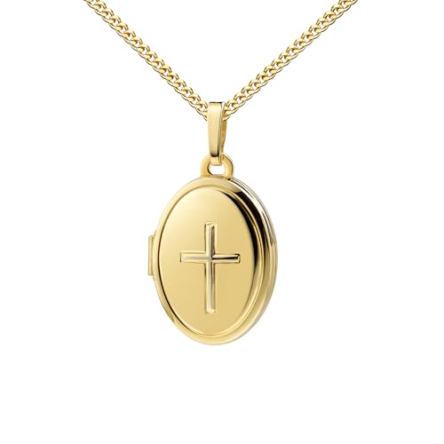 Goldmedaillon Kleines Medaillon mit Kreuz 333 Gold 8 Karat Amulett für Andenken-Bilder zum Öffnen. Mit Damenkette 925 Silber vergoldet - Kettenlänge 50 cm. von JEVELION