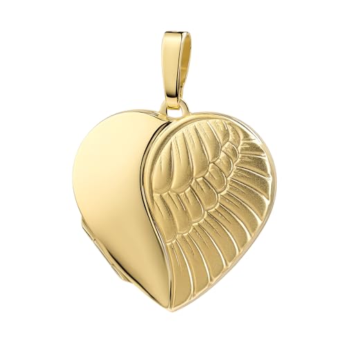 Großes Medaillon Herz - Engel-Flügel-Amulett für 2 Bilder zum Öffnen - 925 Sterlingsilber - edel vergoldet von JEVELION