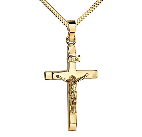 JEVELION 585 Gold Kreuz-Anhänger Kruzifix Jesus Christus Kettenanhänger 14 Karat 14K. Mit Kette 70 cm von JEVELION