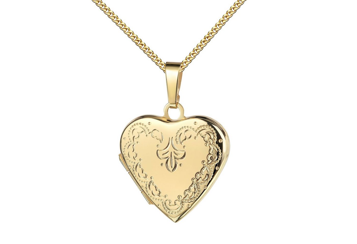 JEVELION Amulett Herz Medaillon Gold 333 Ornament-Verzierung Anhänger zum Öffnen 2 Bild (goldenes Medaillon, für Damen und Mädchen), Goldherz mit Kette vergoldet - Länge wählbar 36 - 70 cm von JEVELION