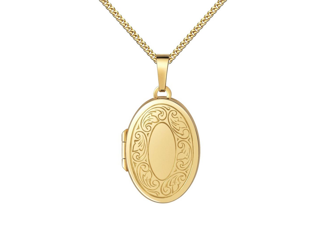 JEVELION Amulett Medaillon 750 Gold Ornament-Verzierung Anhänger zum Öffnen 2 Bilder (Fotomedaillon, für Damen und Mädchen), Goldanhänger mit Kette vergoldet - Länge wählbar 36 - 70 cm von JEVELION
