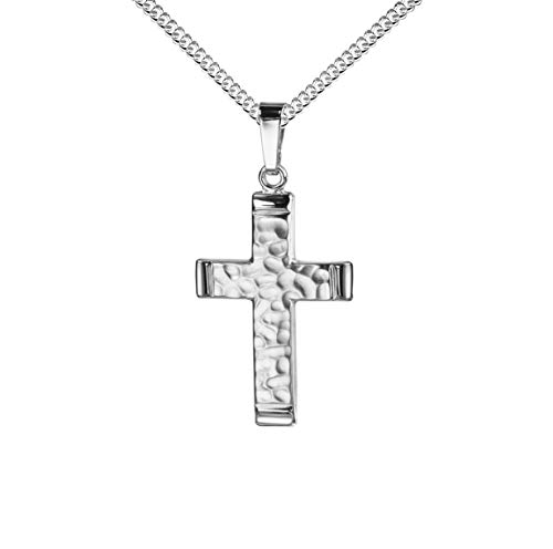 Anhänger-Kreuz Hammerschlag-Optik Silberkreuz mit Halskette für Damen, Herren und Kinder als Kettenanhänger + Schmuck-Etui von JEVELION