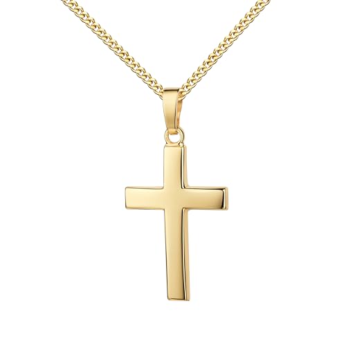 JEVELION Anhänger-Kreuz Kreuz Anhänger Gold 585 in Hochglanz formschönes gewölbtes Goldkreuz Mit Panzer Kette 925 Silber vergoldet - Kettenlänge 36 cm. von JEVELION