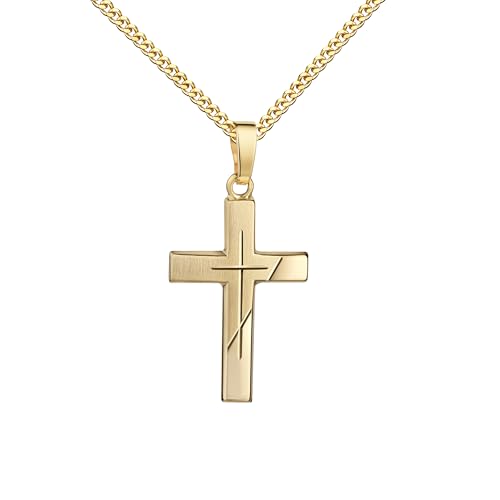 JEVELION Anhänger-Kreuz Kreuz Anhänger Gold 585 mit Diamantschliff Kreuz in Kreuz teilmattiertes Goldkreuz Mit Panzer Kette 925 Silber vergoldet - Kettenlänge 36 cm. von JEVELION