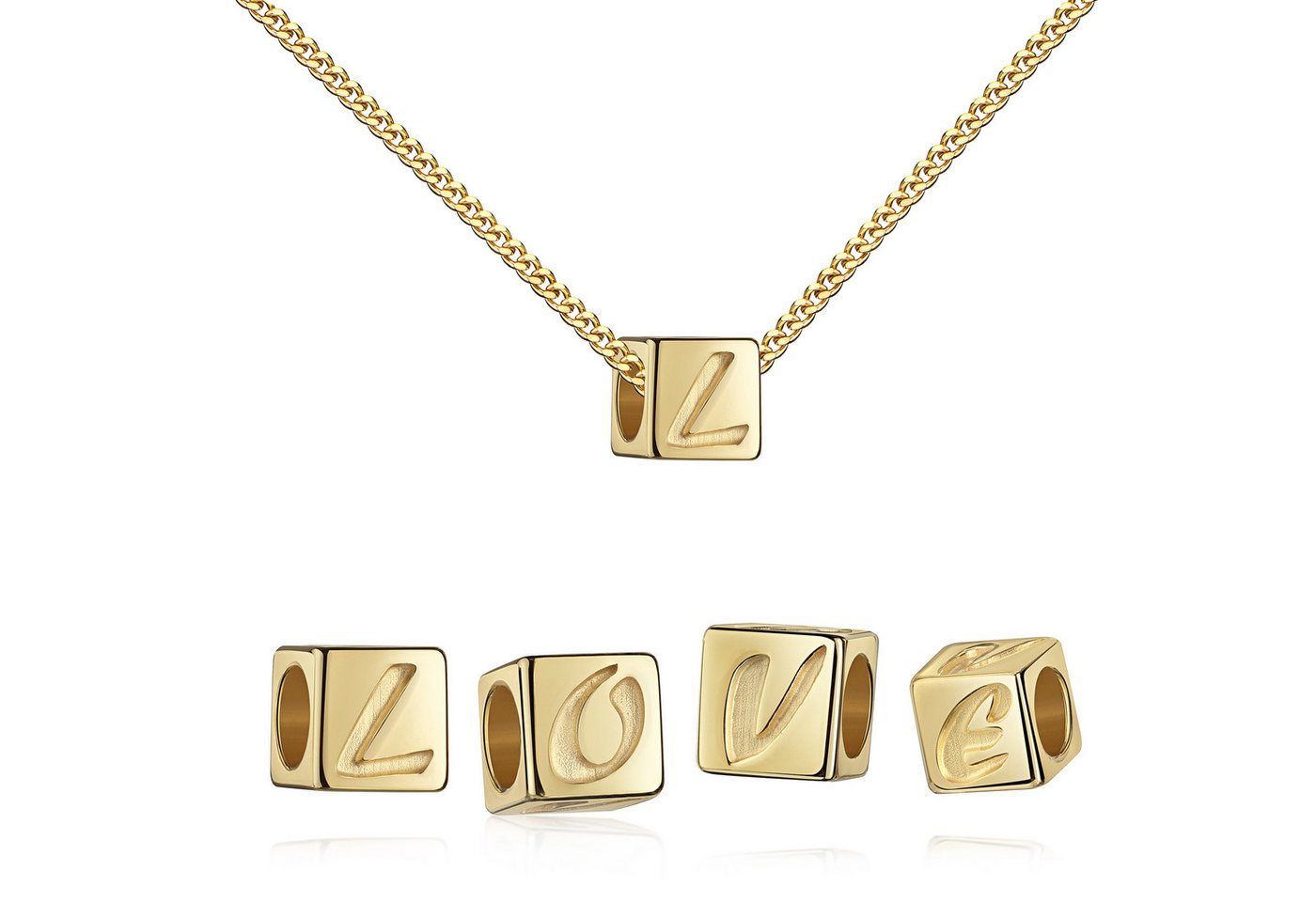 JEVELION Buchstabenanhänger Gold 585 Würfel Glücksbringer-Love Glücksanhänger - Made in Germany (Goldanhänger, für Damen und Mädchen), Mit Kette vergoldet- Länge wählbar 36 - 70 cm oder ohne Kette. von JEVELION