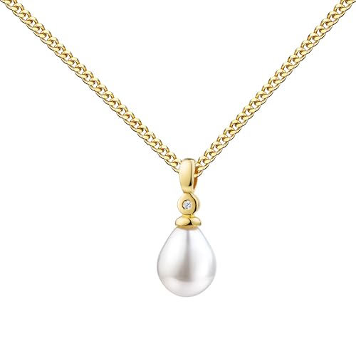 JEVELION Damen-585er Gold Anhänger mit Süßwasserperle und Diamant mit Brillant-Schliff – eleganter Damenschmuck. Mit Panzerkette 925 Silber vergoldet - Kettenlänge 40 cm. von JEVELION