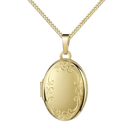 JEVELION Damen-Foto Medaillon für 2 Bilder 585 Gold 14 Karat Bilder Amulett oval zum Öffnen für Damen mit Kette und Schmuck-Etui Mit Panzerkette 925 Silber vergoldet - Kettenlänge 40 cm. von JEVELION