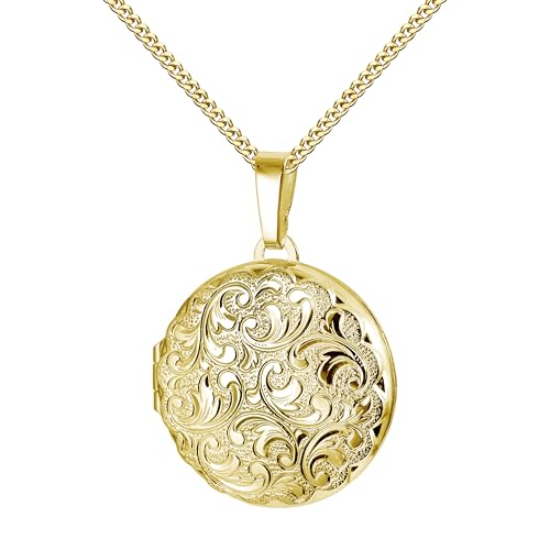 JEVELION Damen-Medaillon 333 Gold runder Amulett Anhänger für 2 Bilder zum Öffnen mit Schmuck-Etui + Halskette Mit Panzerkette 925 Silber vergoldet - Kettenlänge 40 cm. von JEVELION