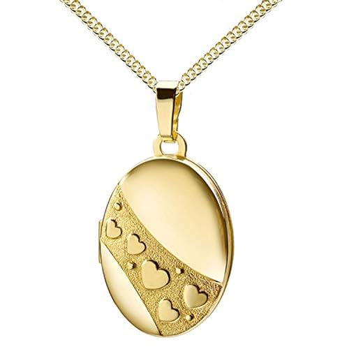 JEVELION Damen-Medaillon für 2 Bilder 333 Gold 8 Karat Bild Amulett mit Herzen zum Öffnen für Damen mit Halskette und Schmuck-Etui Mit Panzerkette 925 Silber vergoldet - Kettenlänge 40 cm. von JEVELION