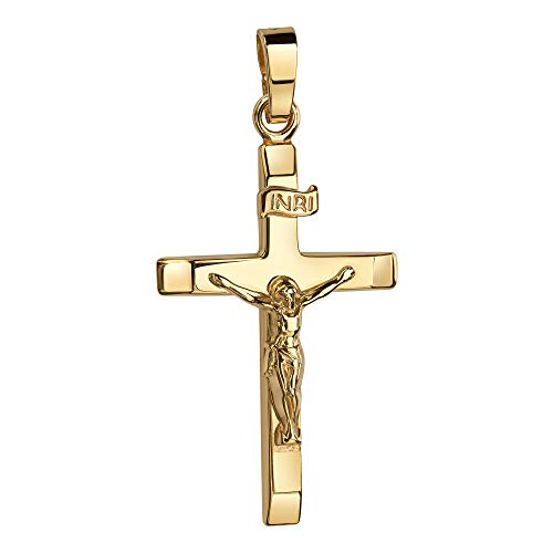 JEVELION Gold Kreuz-Anhänger Kruzifix Jesus Christus mit INRI-Gravur für Damen, Herren und Kinder als Kettenanhänger 585 Gold 14 Karat mit Schmuck-Etui und Schmuckzertifikat von JEVELION