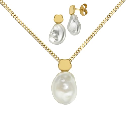 JEVELION Gold-Schmuckset Keshi-Perle 2x Ohrstecker + Goldanhänger 333 mit Kleeblatt-Applikation für Damen + Panzer Kette 925 Silber vergoldet - Kettenlänge 36 cm von JEVELION