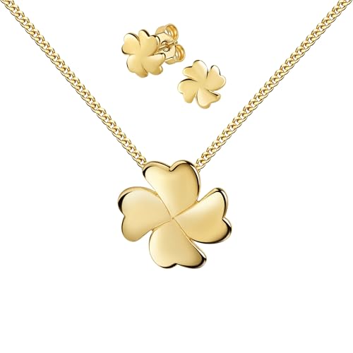 JEVELION Gold-Schmuckset Kleeblatt Goldanhänger und 2x Ohrstecker 333 Gold, 8 Karat 8K für Damen + hochwertiger Schmuck-Kette 925 Silber vergoldet - Kettenlänge 70 cm von JEVELION