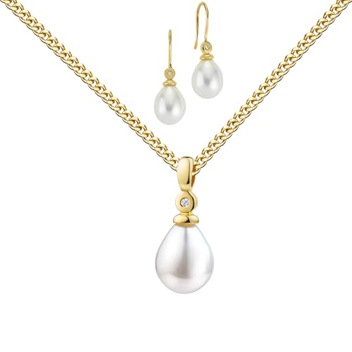 JEVELION Gold-Schmuckset-Perle 2x Ohrhänger + Goldanhänger - 14 Karat Gold 585 mit Brillanten für Damen. + hochwertiger Schmuck-Kette 925 Silber vergoldet - Kettenlänge 70 cm von JEVELION