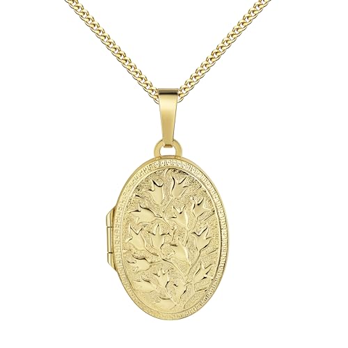 JEVELION Goldanhänger Medaillon 333 Gold ovaler Amulett Anhänger für 2 Bilder zum Öffnen für Damen mit Schmuck-Etui und Halskette Mit Halskette 925 Silber vergoldet - Kettenlänge 55 cm. von JEVELION