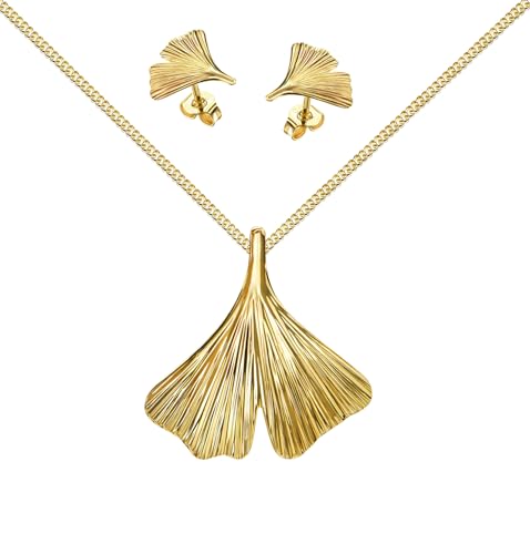 JEVELION Goldenes Schmuckset Ginkgo Goldanhänger und 2x Ohrstecker 333 Gold, 8 Karat/8K für Damen Mit hochwertiger Schmuck-Kette 925 Silber vergoldet - Kettenlänge 70 cm. von JEVELION