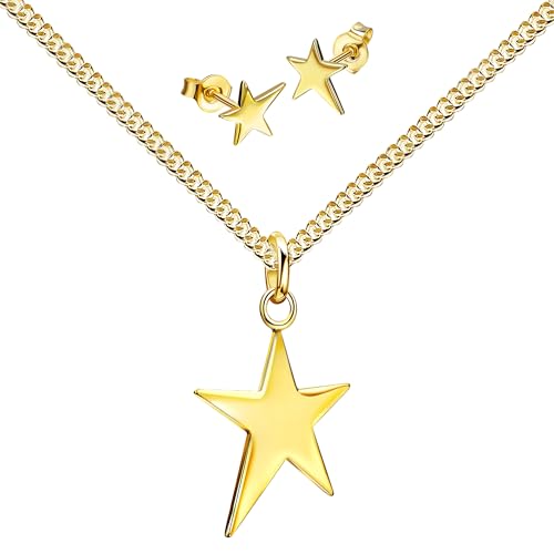 JEVELION Goldenes Schmuckset Goldstern Goldanhänger und 2x Ohrstecker 333 Gold, 8 Karat/8K für Damen Mit hochwertiger Schmuck-Kette 925 Silber vergoldet - Kettenlänge 70 cm. von JEVELION