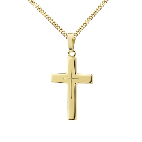JEVELION Goldkreuz Kreuz Anhänger Gold 585 / 14K - Design Kreuz in Kreuz hochglanz Goldkreuz - Schmuck für Damen Mit hochwertiger Schmuck-Kette 925 Silber vergoldet - Kettenlänge 70 cm. von JEVELION