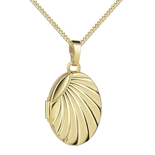 JEVELION Goldmedaillon Medaillon Anhänger Gold 585/14 Karat für 2 Bilder Amulett oval zum Öffnen für Damen mit Halskette Mit Amulettkette 925 Silber vergoldet - Kettenlänge 45 cm. von JEVELION