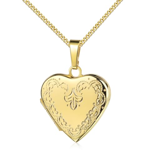 JEVELION Goldmedaillon Medaillon Herz 333 Gold Herz-Amulett für 2 Bilder zum Öffnen für Damen mit Halskette und Schmuck-Etui Mit Amulettkette 925 Silber vergoldet - Kettenlänge 45 cm. von JEVELION