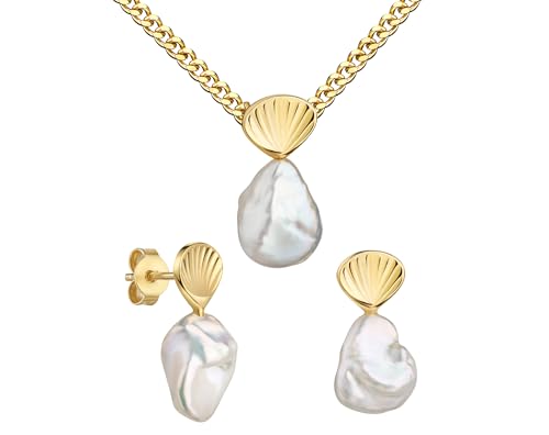 JEVELION Goldschmuck-Schmuckset Gold 585 Keshi-Perle 2x Ohrstecker + Goldanhänger mit Muschel-Applikation für Damen.. Mit Kette 925 Silber vergoldet - Kettenlänge 45 cm. von JEVELION