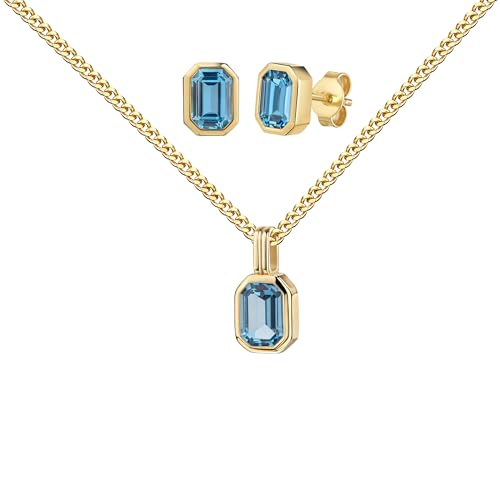 JEVELION Goldschmuck-Schmuckset Zirkonia-blau Goldanhänger und 2x Ohrstecker 585 Gold, 14 Karat 14K für Damen Mit Kette 925 Silber vergoldet - Kettenlänge 45 cm. von JEVELION