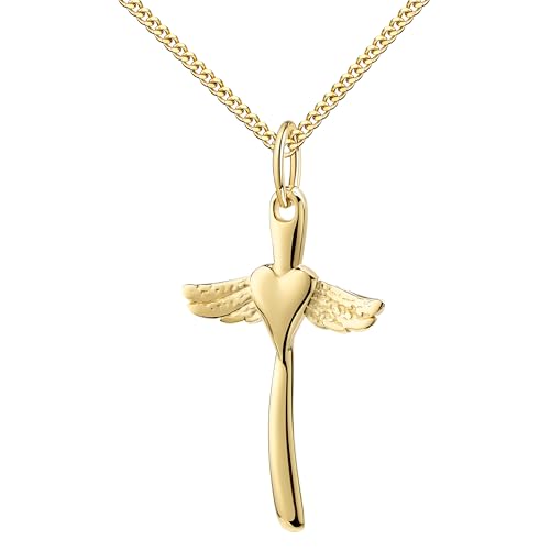 JEVELION Herz-Engel Kreuz Anhänger Gold 585 mit Herz und Engelsflügeln Goldkreuz Mit Kreuzkette 925 Silber vergoldet - Kettenlänge 60 cm. von JEVELION