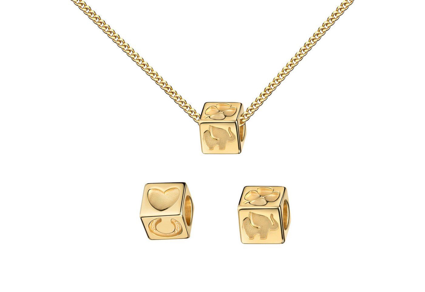 JEVELION Kette mit Anhänger 585 Gold Glückswürfel Elefant-Herz-Kleeblatt-Hufeisen Glücksanhänger (Goldanhänger, für Damen und Mädchen), Mit Kette vergoldet- Länge wählbar 36 - 70 cm oder ohne Kette. von JEVELION