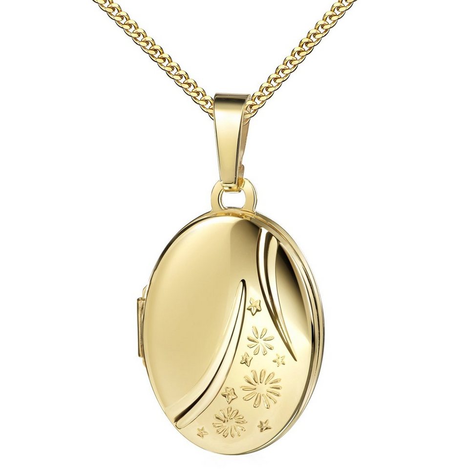 JEVELION Kette mit Anhänger Medaillon 333 Gold ovales Amulett zum Öffnen für 2 Bilder (Amulettanhänger aus Gold, für Damen und Mädchen), Mit Kette vergoldet - Länge wählbar 36 - 70 cm oder ohne Kette. von JEVELION