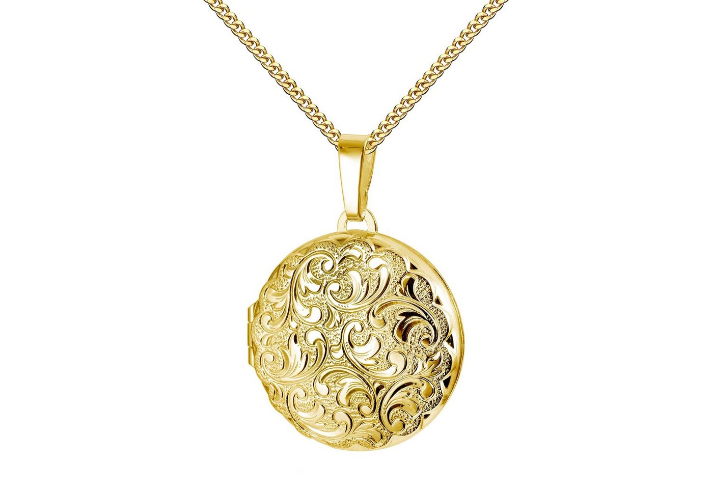 JEVELION Kette mit Anhänger Medaillon Gold 333 rund Ornament-Verzierung zum Öffnen für 2 Bilder (Fotoamulett, für Damen und Mädchen), Goldamulett mit Kette vergoldet - Länge wählbar 36 - 70 cm von JEVELION