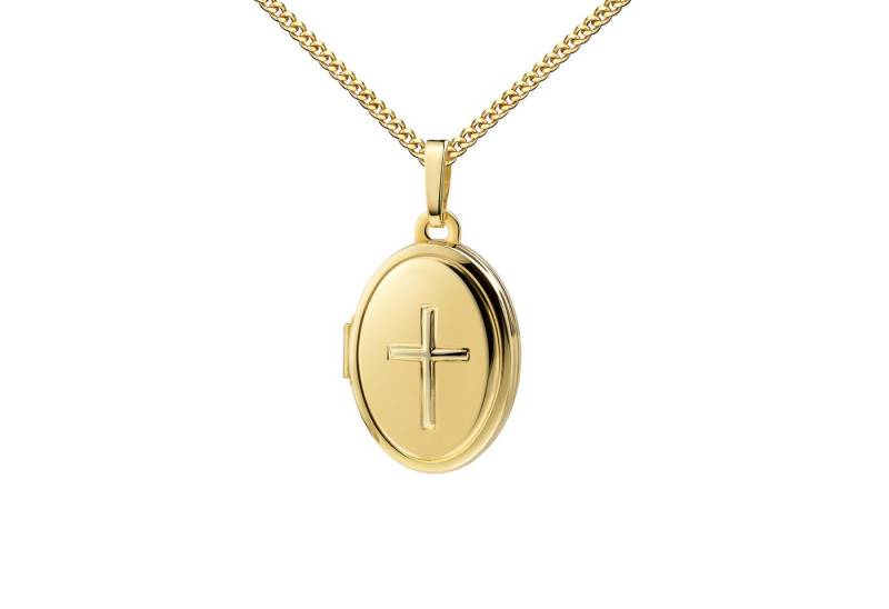 JEVELION Kette mit Anhänger Medaillon Gold 585 Kreuz-Ornament Anhänger zum Öffnen für 2 Bilder (Bilder-Amulett Anhänger, für Damen und Mädchen), Mit Panzerkette vergoldet - Länge wählbar 36 - 70 cm von JEVELION