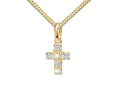 JEVELION Kinder-Kreuz-Anhänger Symbol für Damen, Herren und Kinder als Kettenanhänger Gold-Kreuz 333 Gold 8 Karat mit Zirkonia + Schmuck-Etui und Kette Länge 50 cm von JEVELION