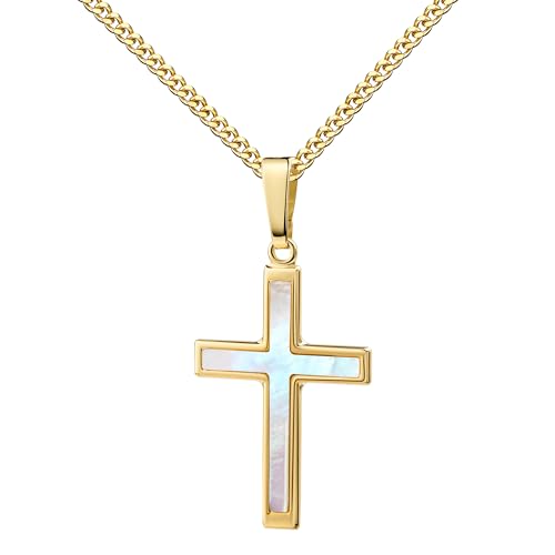 JEVELION Kreuz Anhänger Gold 585 für Damen. Mit edel reflektierender Perlmutt Einlage. Goldkreuz 14 Karat Gelbgold von JEVELION