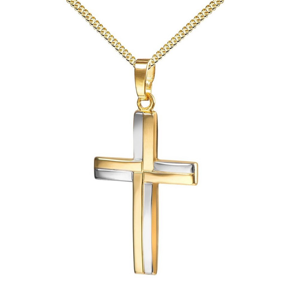 JEVELION Kreuzanhänger Anhänger Kreuz bicolor 333 Gold - Made in Germany (Goldkreuz, für Damen und Herren), Mit Kette vergoldet- Länge wählbar 36 - 70 cm oder ohne Kette. von JEVELION