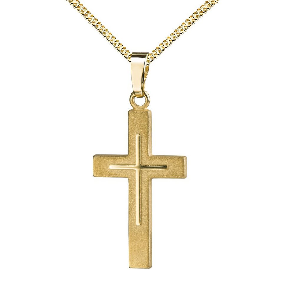 JEVELION Kreuzkette Anhänger 585 Gold - Made in Germany (Goldkreuz, für Damen und Herren), Mit Kette vergoldet- Länge wählbar 36 - 70 cm oder ohne Kette. von JEVELION