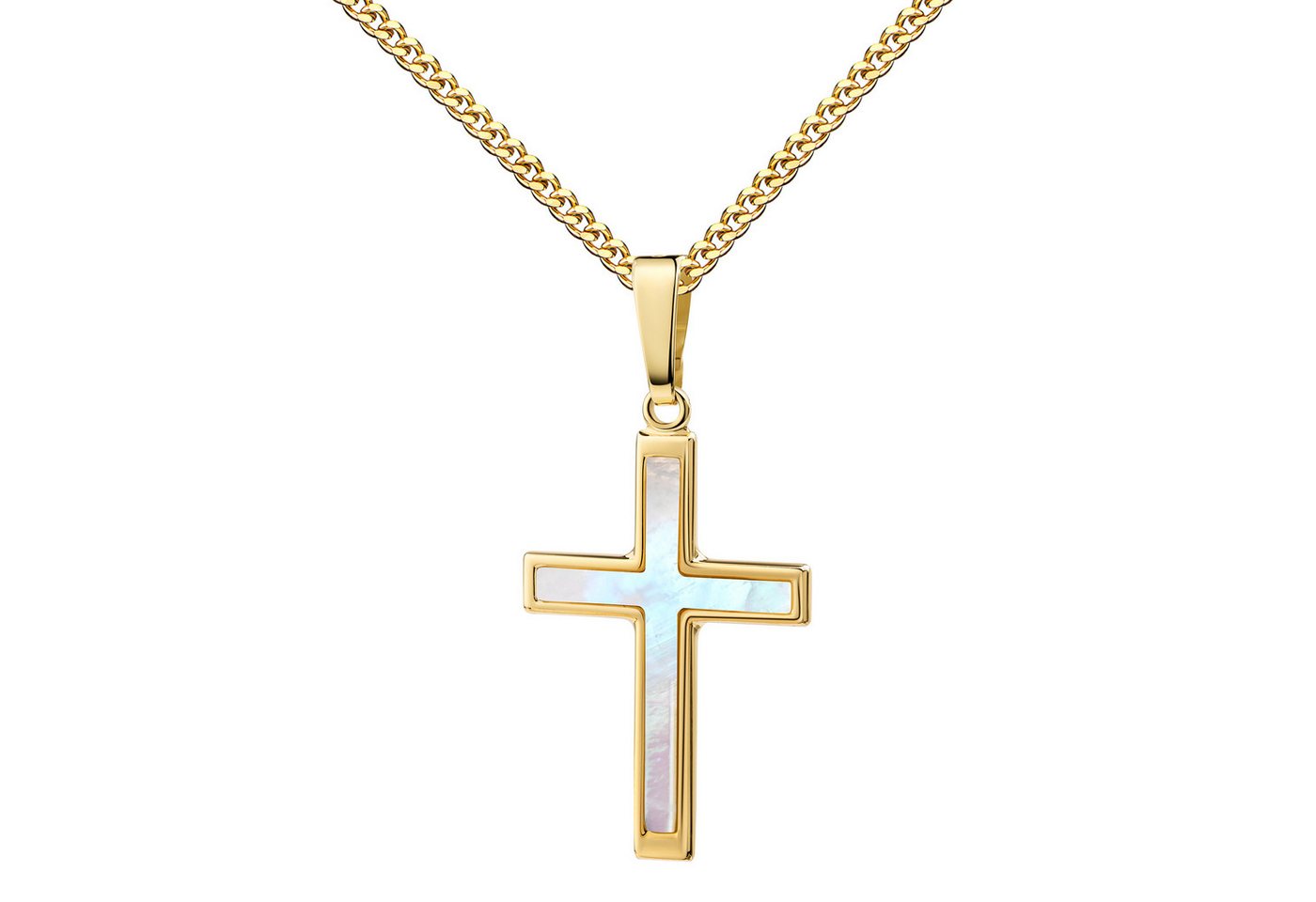 JEVELION Kreuzkette Kreuz-Anhänger 333 Gelbgold / 8K mit Perlmutteinlage - Made in Germany (Goldkreuz, für Damen und Herren), Mit Kette vergoldet- Länge wählbar 36 - 70 cm oder ohne Kette. von JEVELION