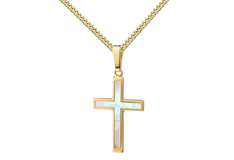 JEVELION Kreuzkette Kreuz-Anhänger 333 Gelbgold / 8K mit Perlmutteinlage - Made in Germany (Goldkreuz, für Damen und Herren), Mit Kette vergoldet- Länge wählbar 36 - 70 cm oder ohne Kette. von JEVELION