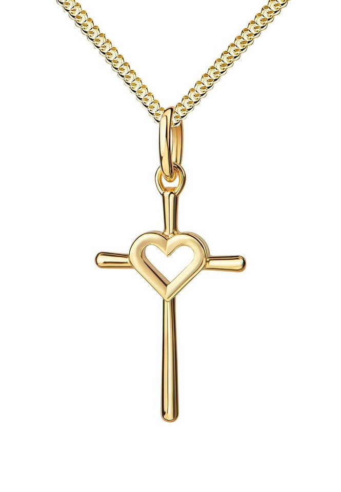 JEVELION Kreuzkette Kreuz-Anhänger mit Herz 585 Gelbgold (Goldkreuz, für Damen), Mit Kette - Länge wählbar 36 - 70 cm. Made in Germany von JEVELION