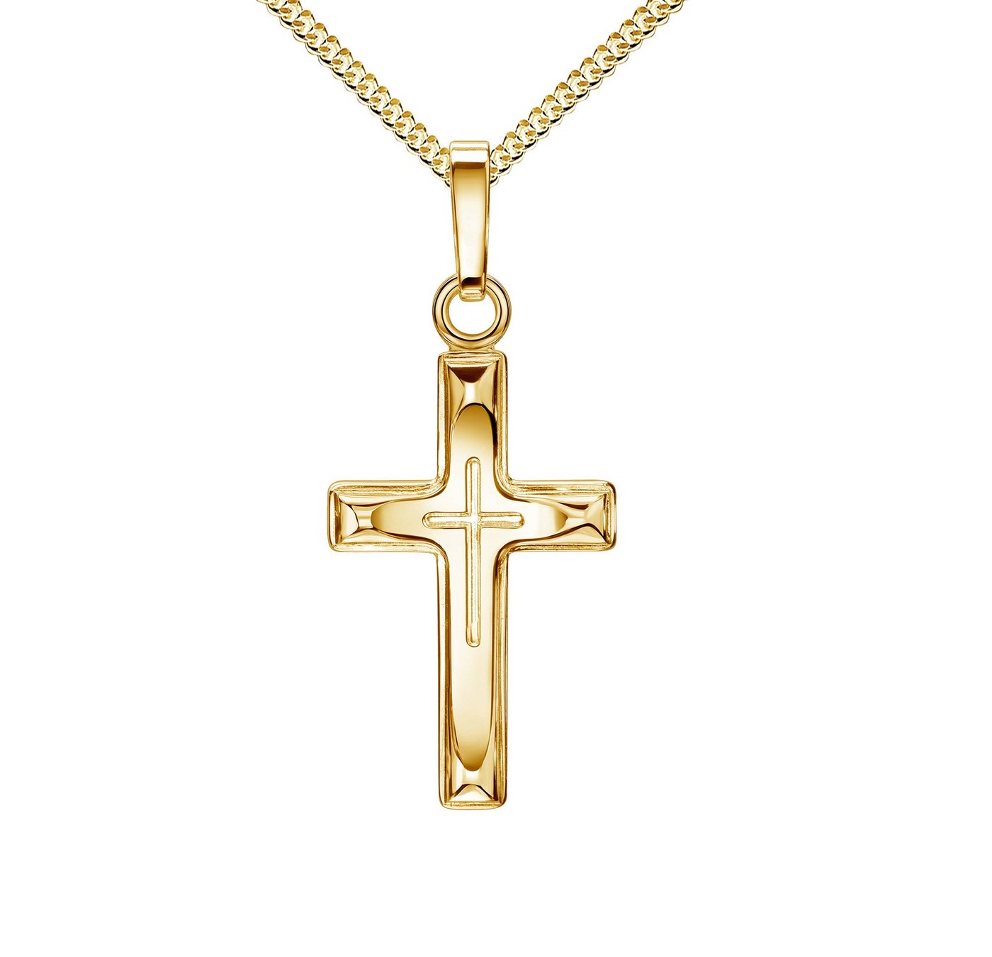 JEVELION Kreuzkette Kreuz in Kreuz Anhänger Taufkreuz 750 Gold - Made in Germany (Goldkreuz, für Damen und Kinder), Mit Halskette vergoldet- Länge wählbar 36 - 70 cm. von JEVELION