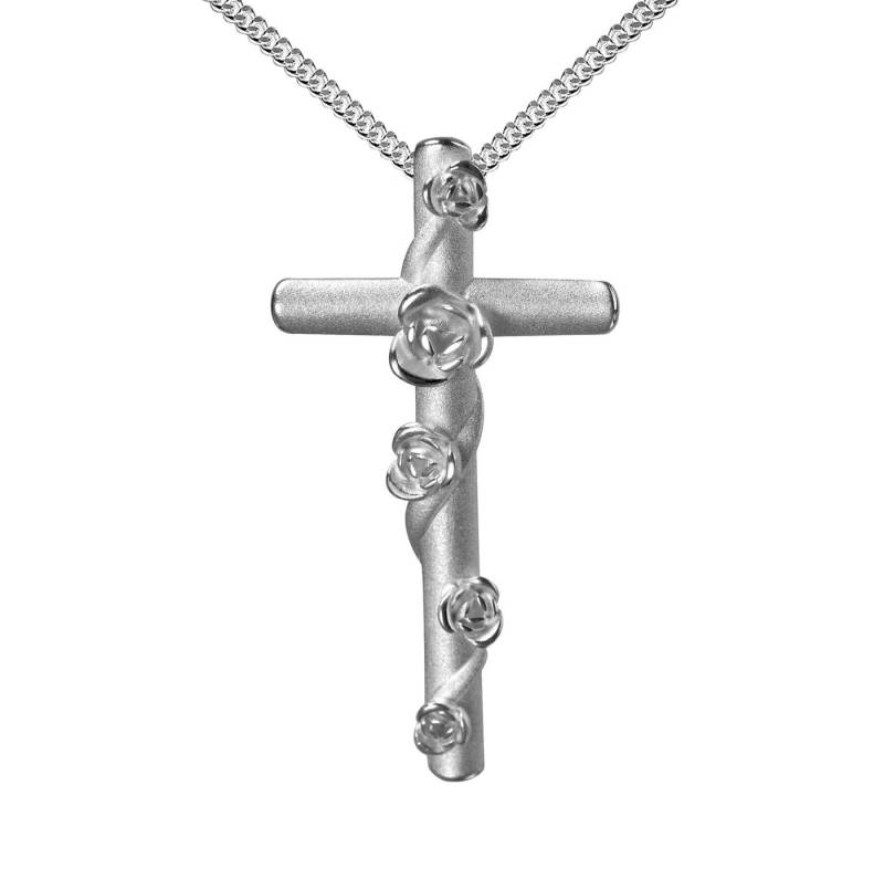JEVELION Kreuzkette Kreuzanhänger Rosen 925 Silber - Made in Germany (Silberkreuz, für Damen und Herren), Mit Silberkette 925 - Länge wählbar 36 - 70 cm oder ohne Kette. von JEVELION