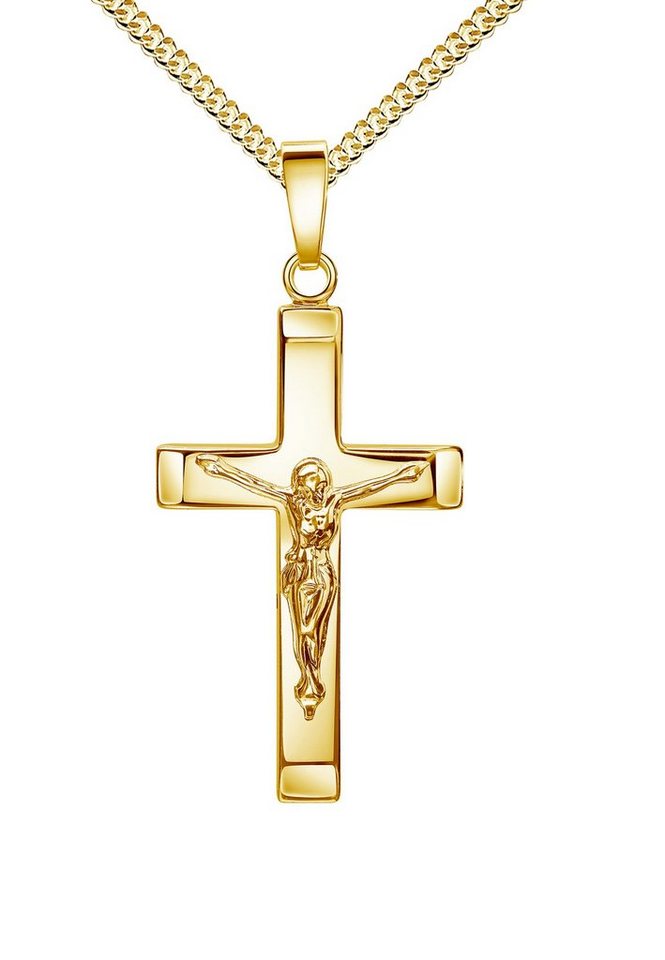 JEVELION Kreuzkette Kruzifix 925 Silber vergoldet - Made in Germany (Silberkreuz vergoldet, für Damen und Herren), Kreuzanhänger mit Panzer-Kette - Länge wählbar 36 - 70 cm. von JEVELION
