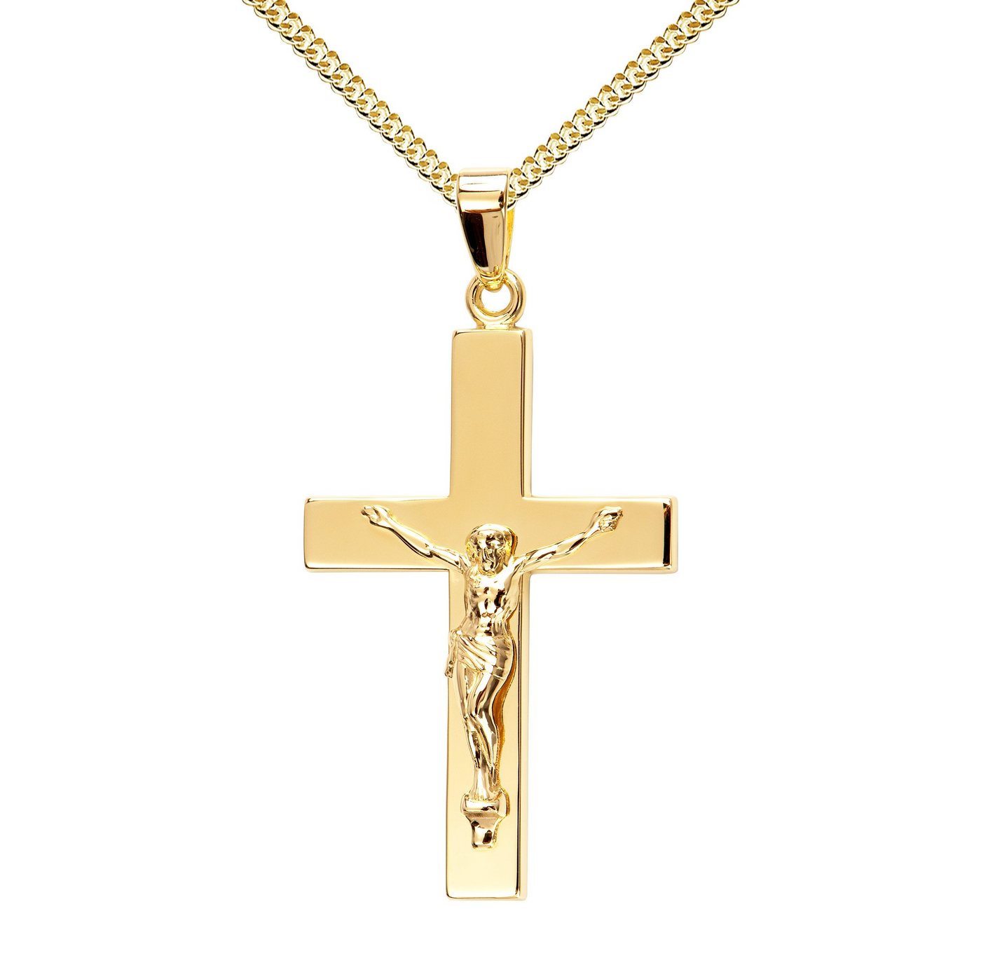 JEVELION Kreuzkette Kruzifix Anhänger 585 Gold - Made in Germany (Goldkreuz, für Damen und Herren), Mit Kette vergoldet- Länge wählbar 36 - 70 cm oder ohne Kette. von JEVELION