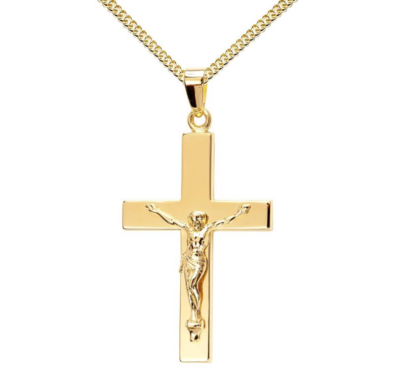 JEVELION Kreuzkette Kruzifix Anhänger 585 Gold - Made in Germany (Goldkreuz, für Damen und Herren), Mit Kette vergoldet- Länge wählbar 36 - 70 cm oder ohne Kette. von JEVELION