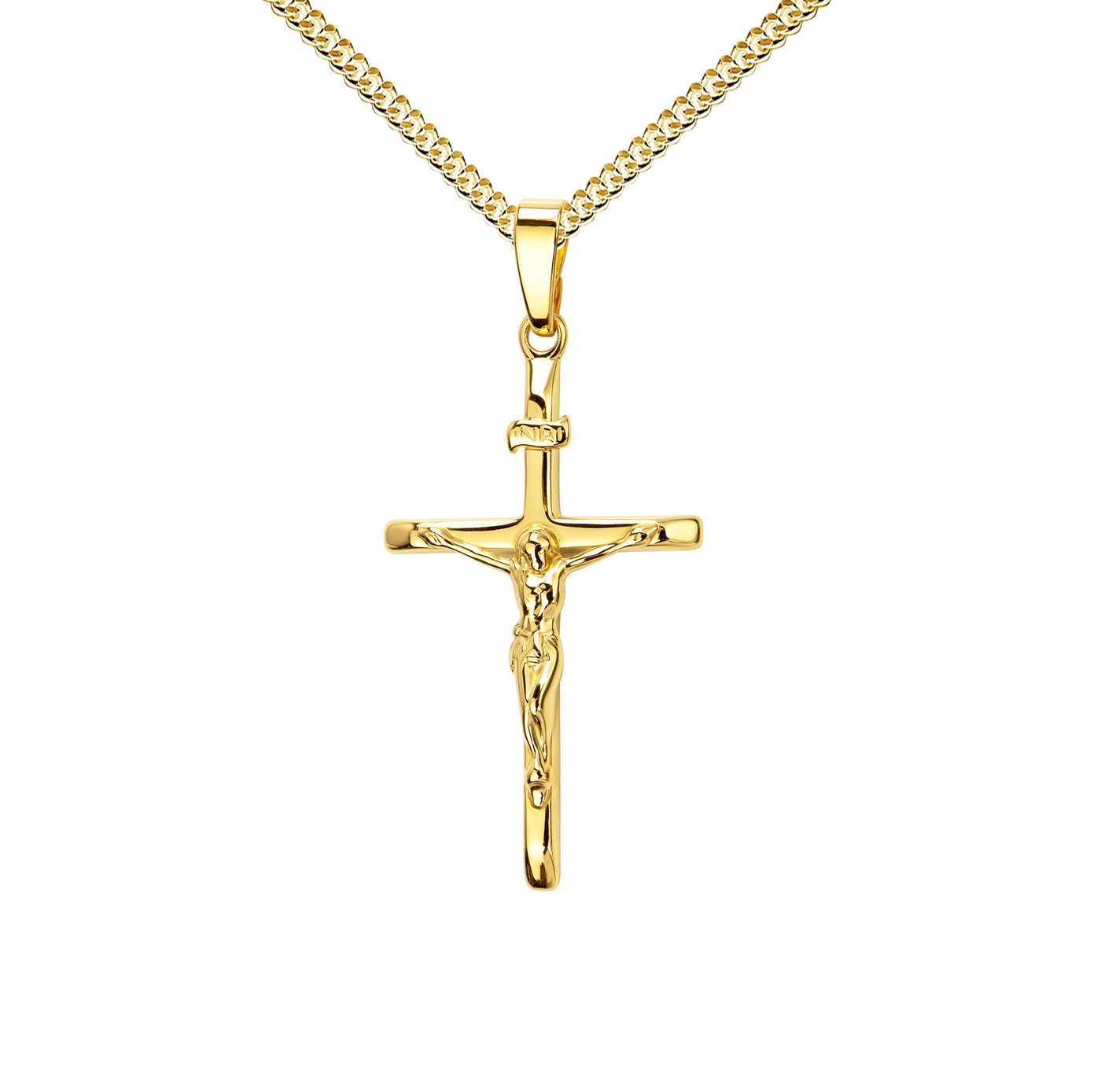 JEVELION Kreuzkette Kruzifix Kreuzanhänger 585 Gold - Made in Germany (Goldkreuz, für Damen und Herren), Mit Kette vergoldet- Länge wählbar 36 - 70 cm oder ohne Kette. von JEVELION