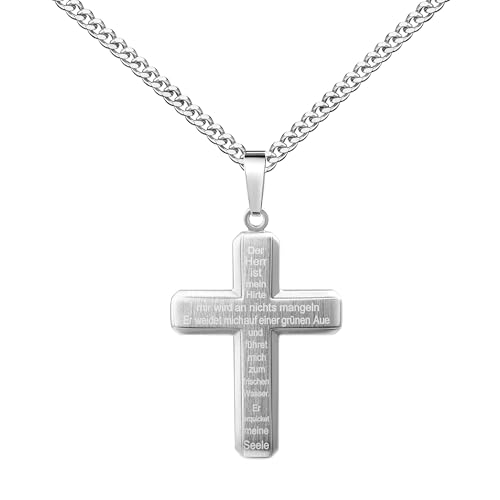 JEVELION Kreuzkette LASERGRAVUR Kreuz Anhänger 925 Silber mit Psalm 23 für Damen und Herren. Formschöner Silberanhänger. Mit Kette 925 Silber - Kettenlänge 45 cm. von JEVELION