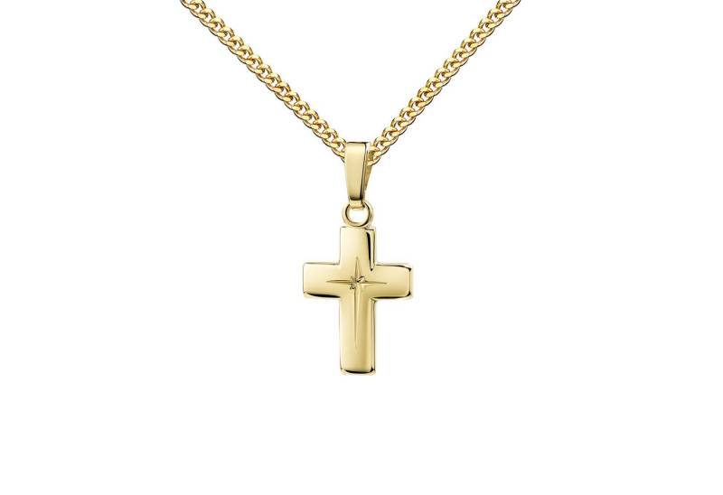 JEVELION Kreuzkette kleiner Kreuzanhänger 750 Gold mit Kreuzgravur - Made in Germany (Goldkreuz, für Damen und Kinder), Mit Kette vergoldet- Länge wählbar 36 - 70 cm oder ohne Kette. von JEVELION