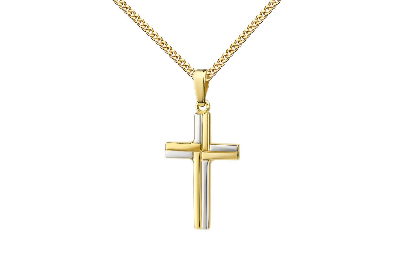 JEVELION Kreuzkette massives Anhänger-Kreuz bicolor 333 Gold - Made in Germany (Goldkreuz, für Damen und Herren), Mit Kette vergoldet- Länge wählbar 36 - 70 cm oder ohne Kette. von JEVELION